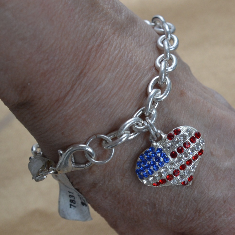 Red, Clear, Blue Rhinestone Heart Bracelet, Silver